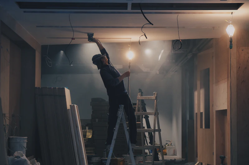 Monteur auf der Leiter bei der Installation an der Decke einer Baustelle im Innenausbau